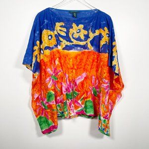 LAUREN Ralph Lauren Watercolor Floral 100% Cotton Beach Cover Up Poncho Top L/XL